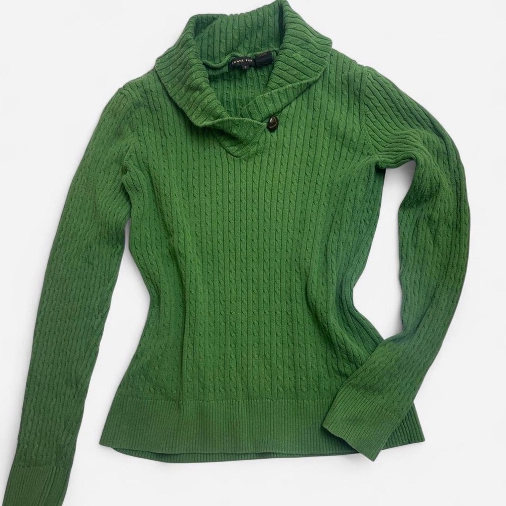JEANNE PIERRE Vintage style Cotton Cable Knit Green Cowl Neck Sweater Sz Small